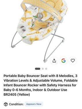 Portable Baby Bouncer Seat - Yellow Infant Rocker with Music & Vibration